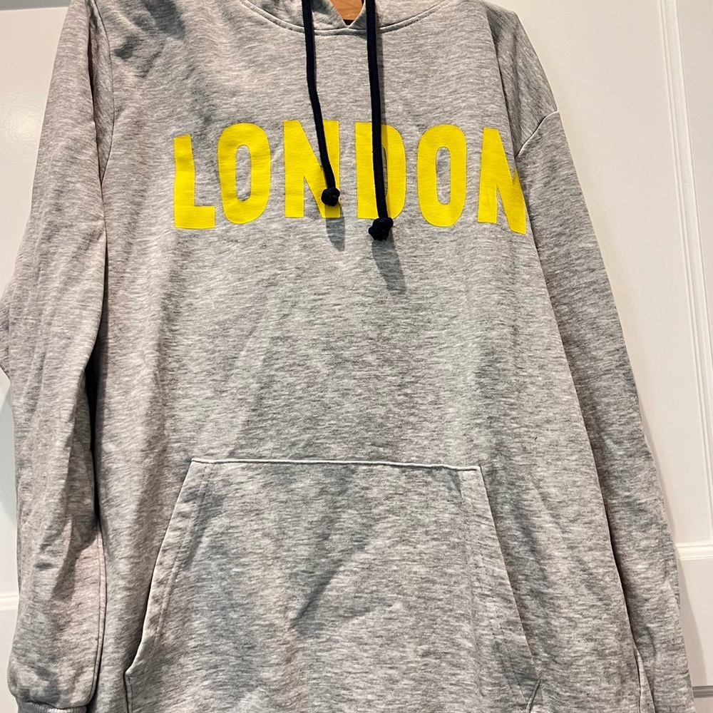 Gray Hooded Sweater with Yellow 'LONDON' Print